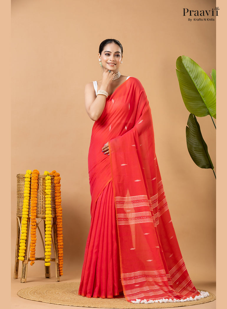 Cherry Red Pure Mul Cotton Jamdani Saree