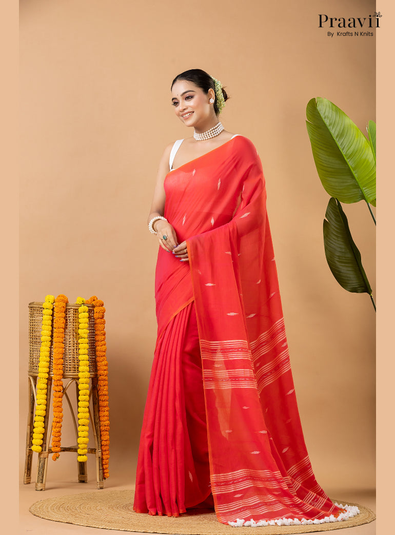 Cherry Red Pure Mul Cotton Jamdani Saree
