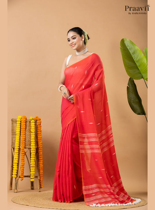 Cherry Red Pure Mul Cotton Jamdani Saree