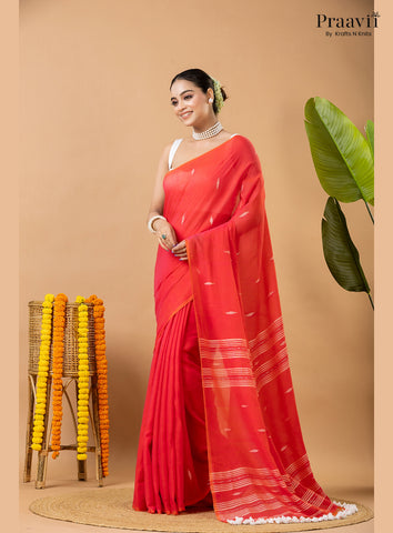 Cherry Red Pure Mul Cotton Jamdani Saree
