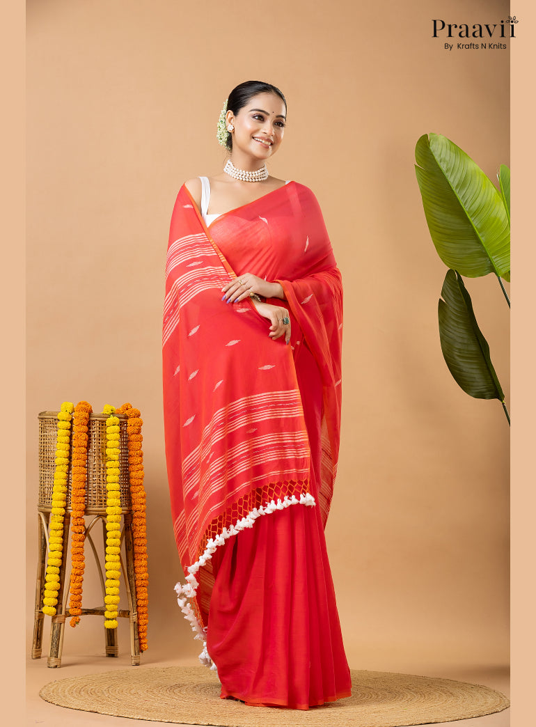 Cherry Red Pure Mul Cotton Jamdani Saree