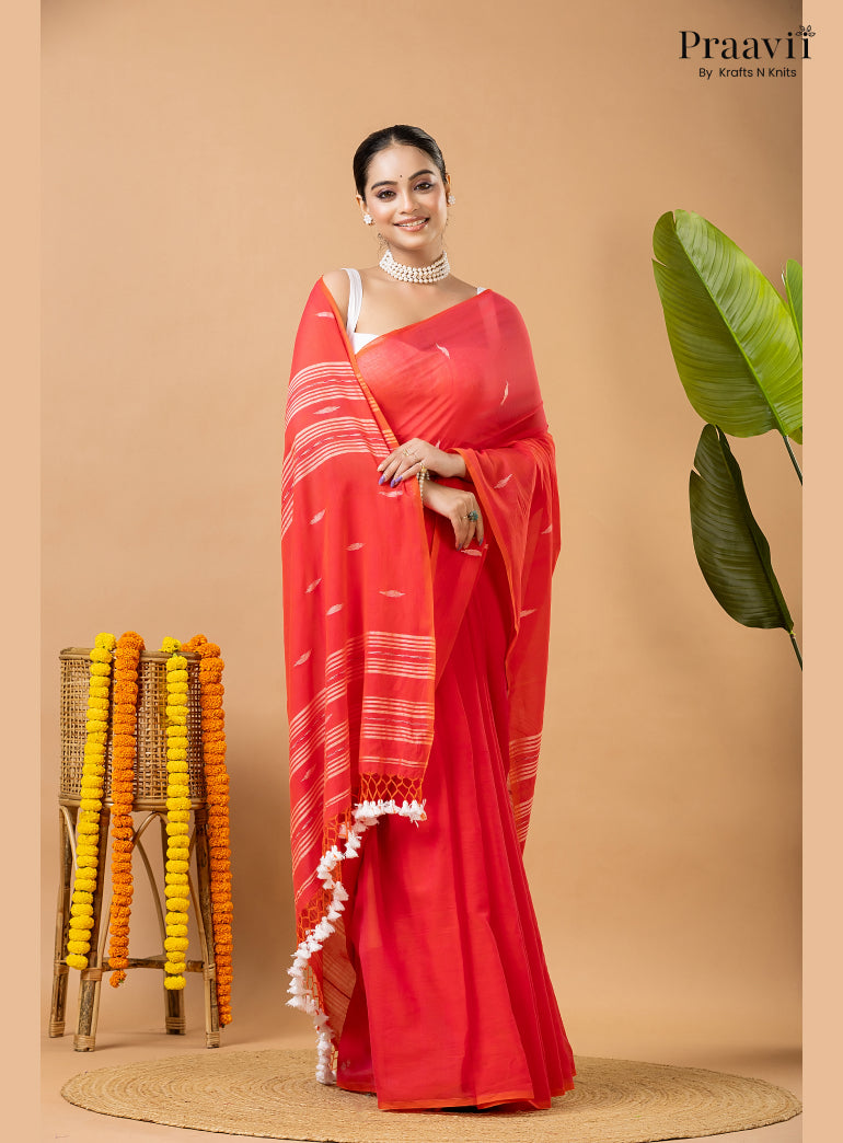 Cherry Red Pure Mul Cotton Jamdani Saree