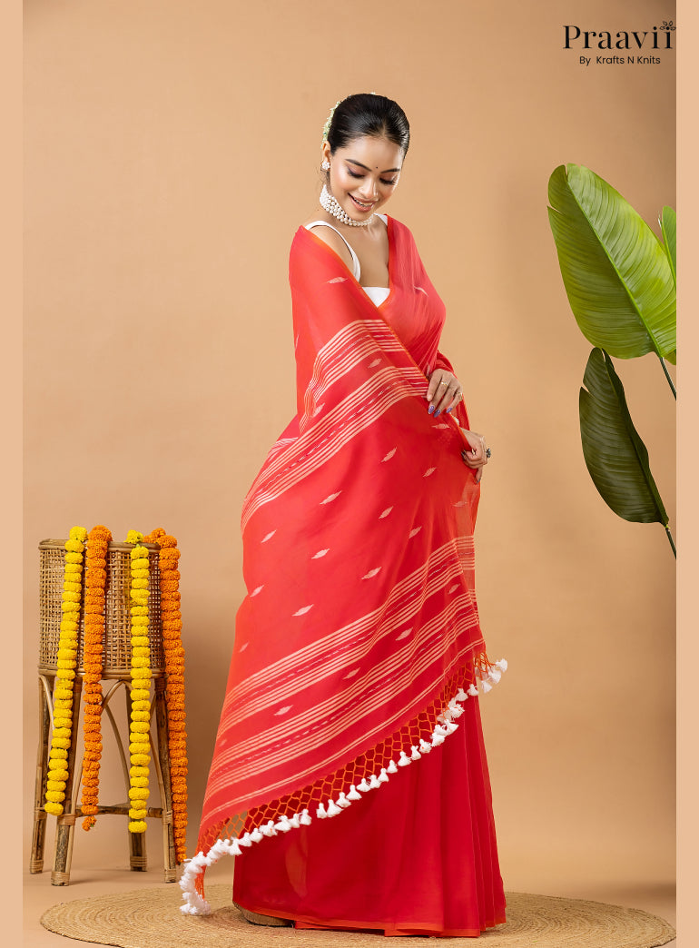 Cherry Red Pure Mul Cotton Jamdani Saree