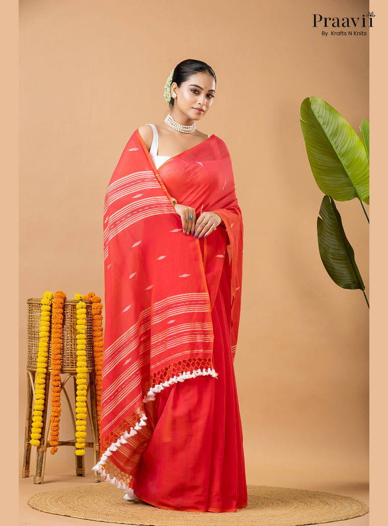 Cherry Red Pure Mul Cotton Jamdani Saree