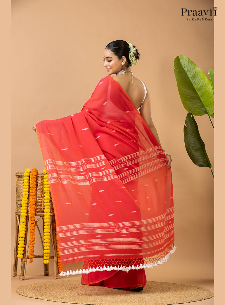Cherry Red Pure Mul Cotton Jamdani Saree