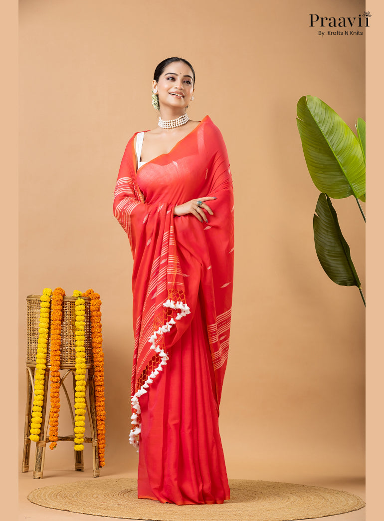 Cherry Red Pure Mul Cotton Jamdani Saree