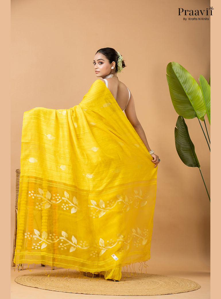 Winter Yellow Pure Matka Leaf Jamdani Saree