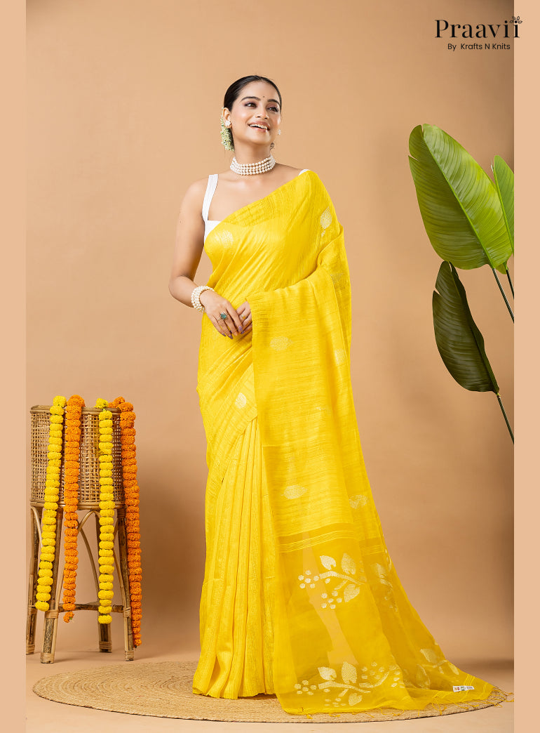 Winter Yellow Pure Matka Leaf Jamdani Saree