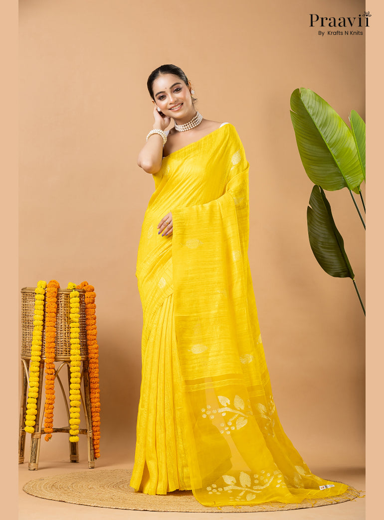 Winter Yellow Pure Matka Leaf Jamdani Saree