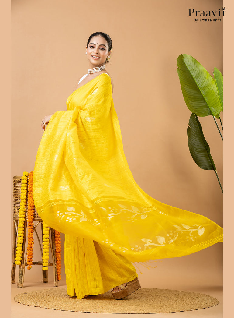 Winter Yellow Pure Matka Leaf Jamdani Saree