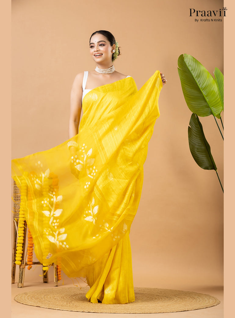 Winter Yellow Pure Matka Leaf Jamdani Saree