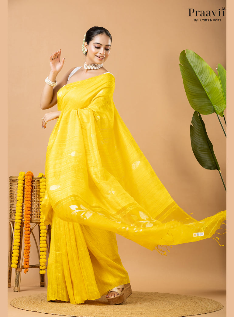 Winter Yellow Pure Matka Leaf Jamdani Saree
