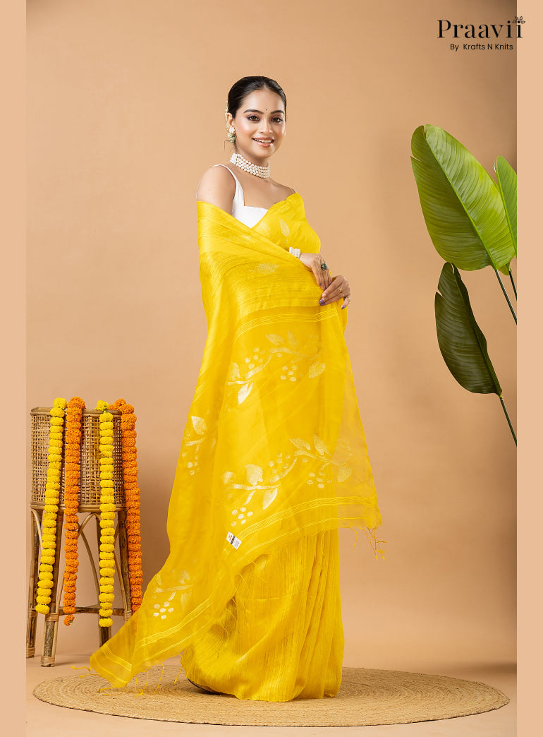 Winter Yellow Pure Matka Leaf Jamdani Saree