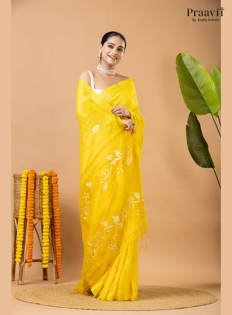 Winter Yellow Pure Matka Leaf Jamdani Saree