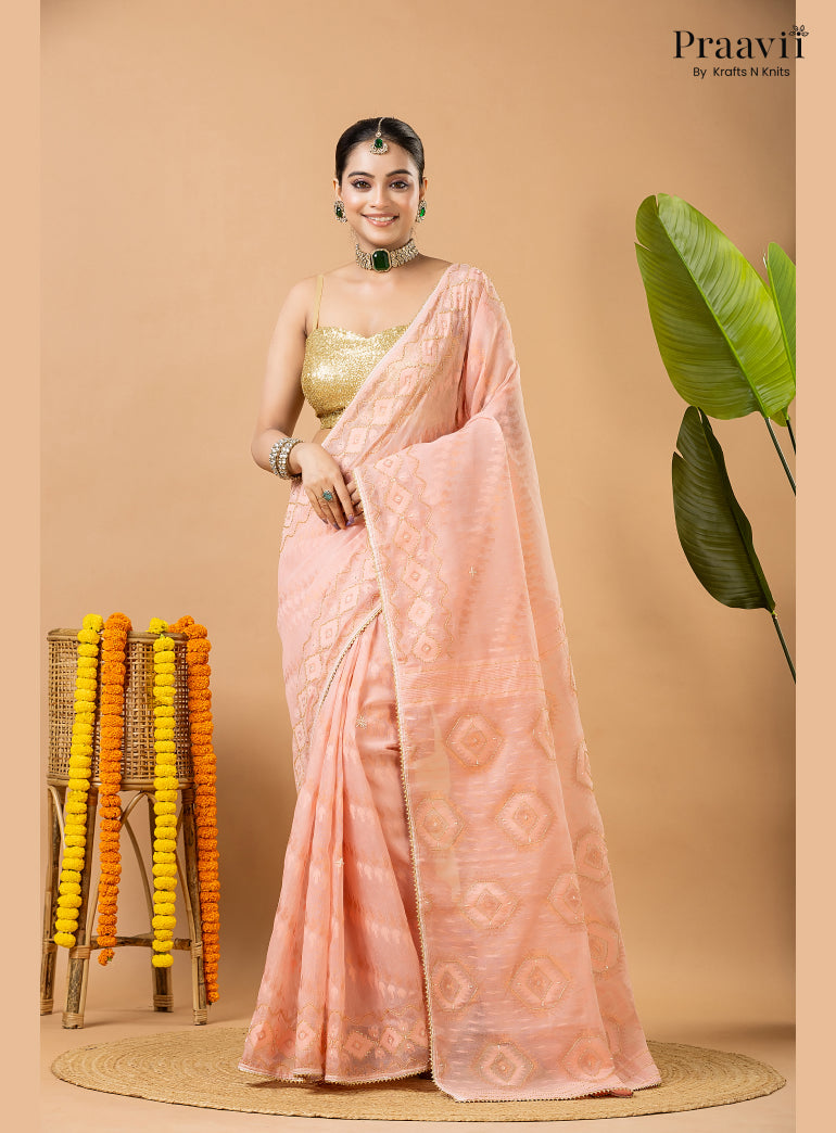 Blushing Peach Dhakai Jamdani Saree with Kardana Work