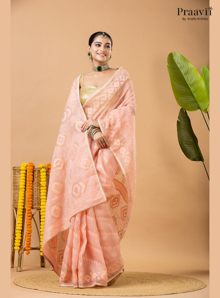 Blushing Peach Dhakai Jamdani Saree with Kardana Work