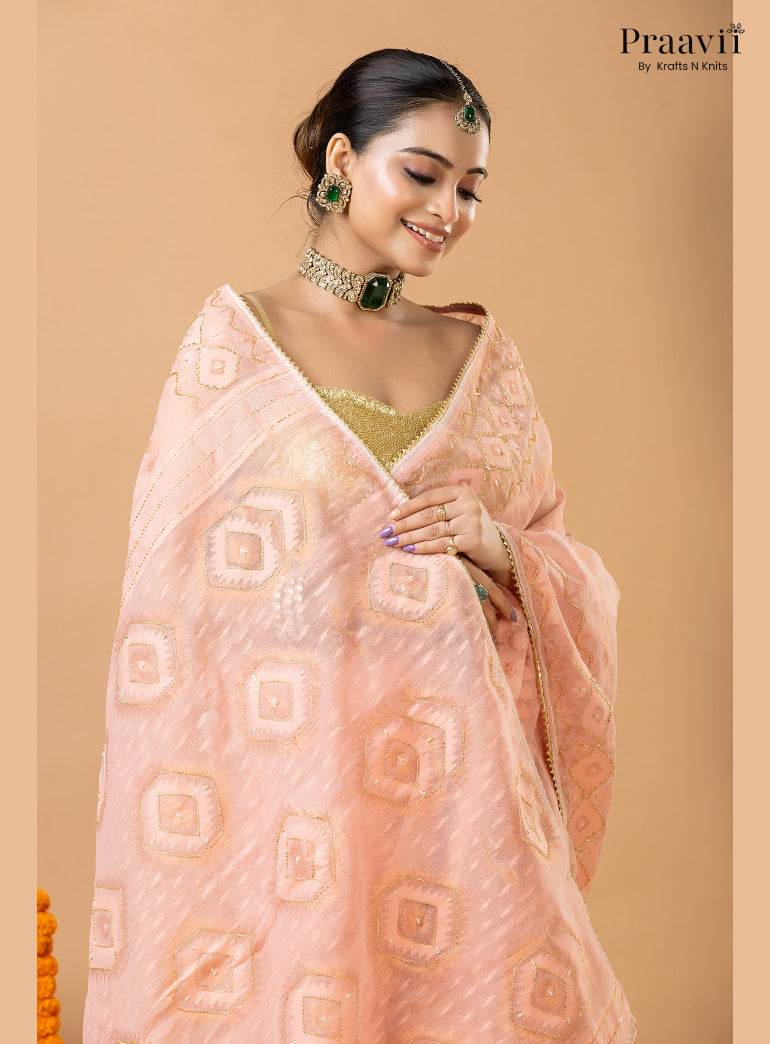 Blushing Peach Dhakai Jamdani Saree with Kardana Work