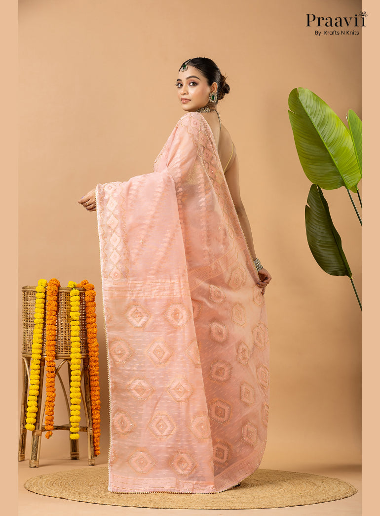 Blushing Peach Dhakai Jamdani Saree with Kardana Work