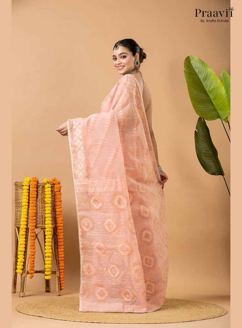 Blushing Peach Dhakai Jamdani Saree with Kardana Work