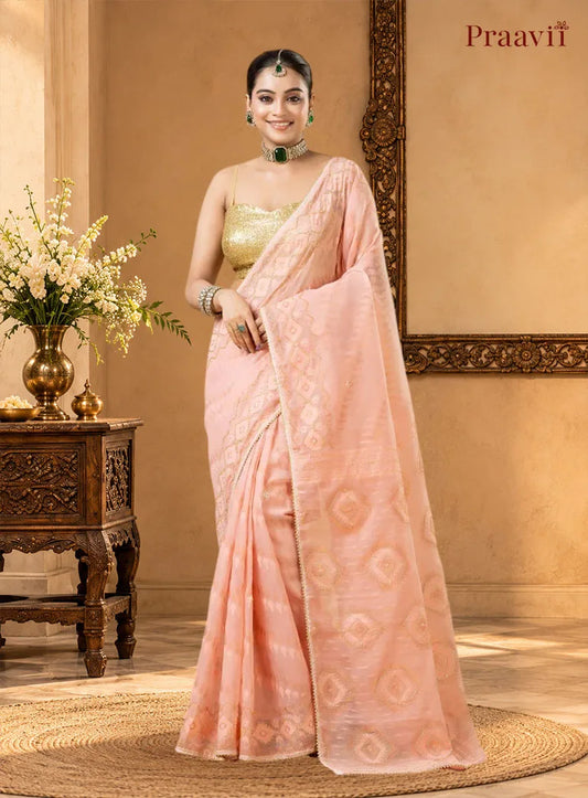 Blushing Peach Dhakai Jamdani Saree with Kardana Work