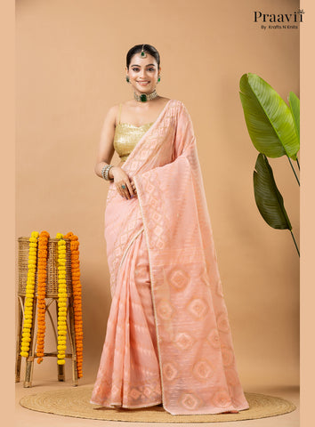 Blushing Peach Dhakai Jamdani Saree with Kardana Work
