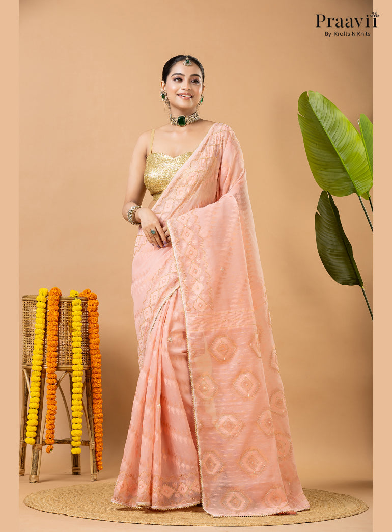 Blushing Peach Dhakai Jamdani Saree with Kardana Work