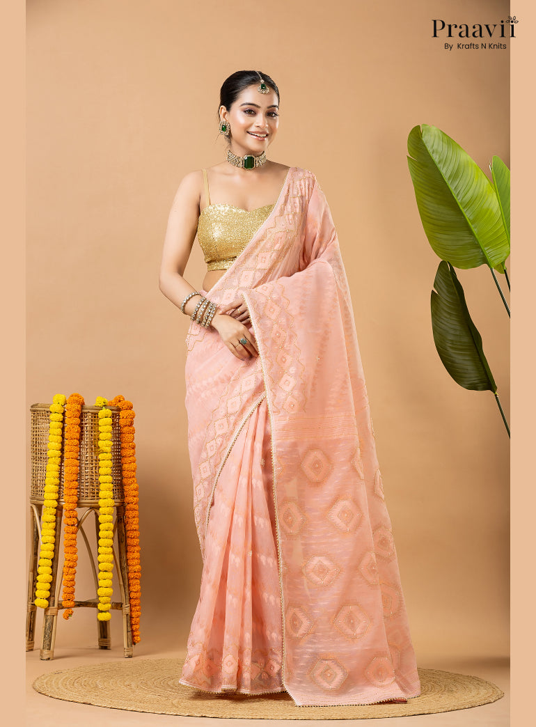 Blushing Peach Dhakai Jamdani Saree with Kardana Work