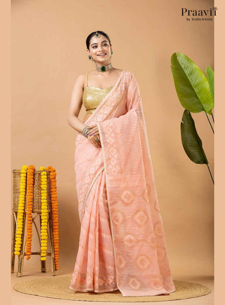 Blushing Peach Dhakai Jamdani Saree with Kardana Work