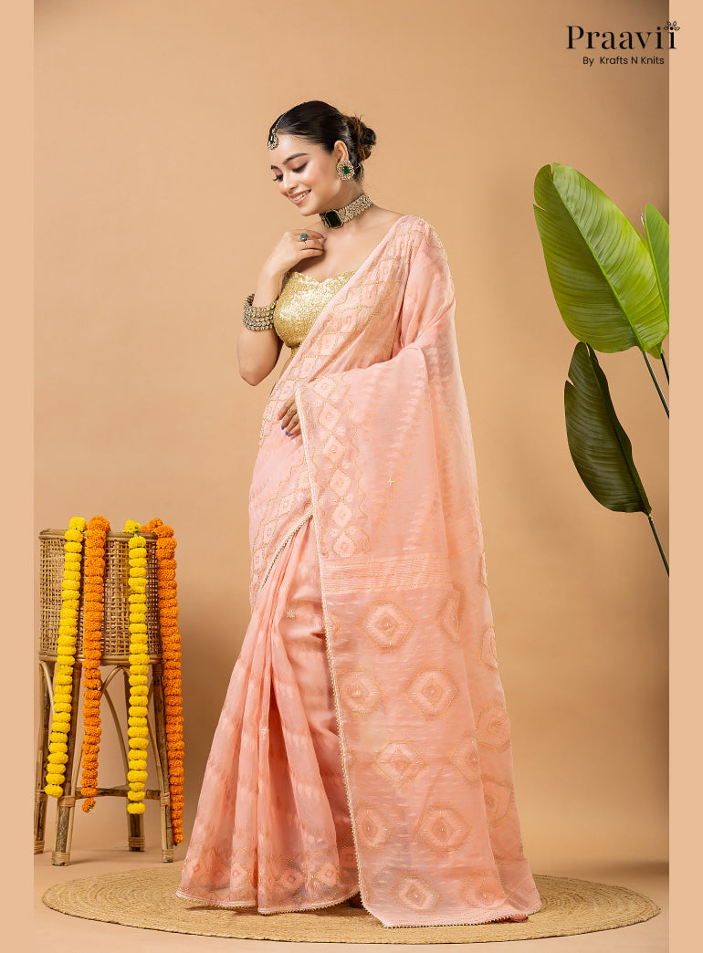 Blushing Peach Dhakai Jamdani Saree with Kardana Work