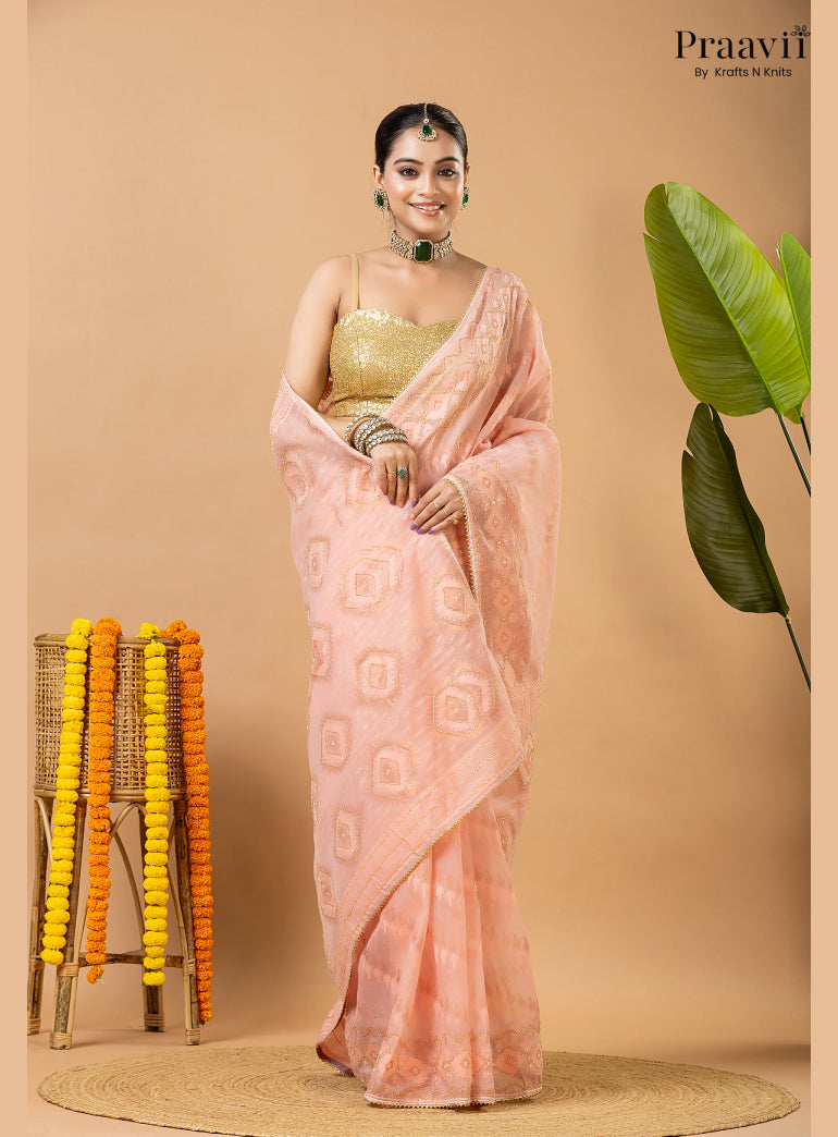 Blushing Peach Dhakai Jamdani Saree with Kardana Work