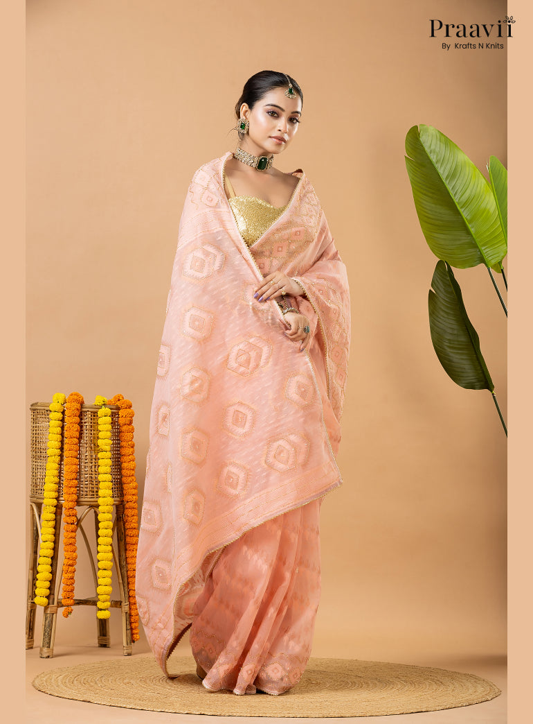 Blushing Peach Dhakai Jamdani Saree with Kardana Work