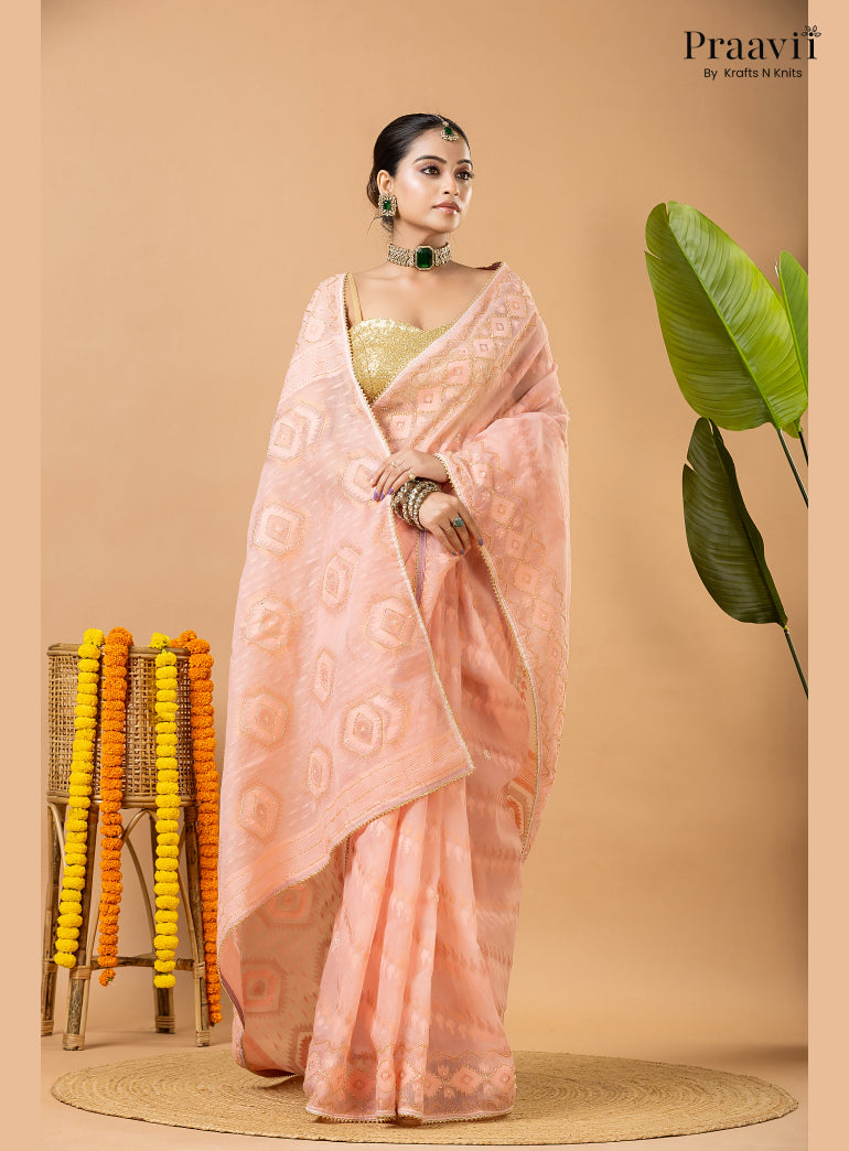 Blushing Peach Dhakai Jamdani Saree with Kardana Work