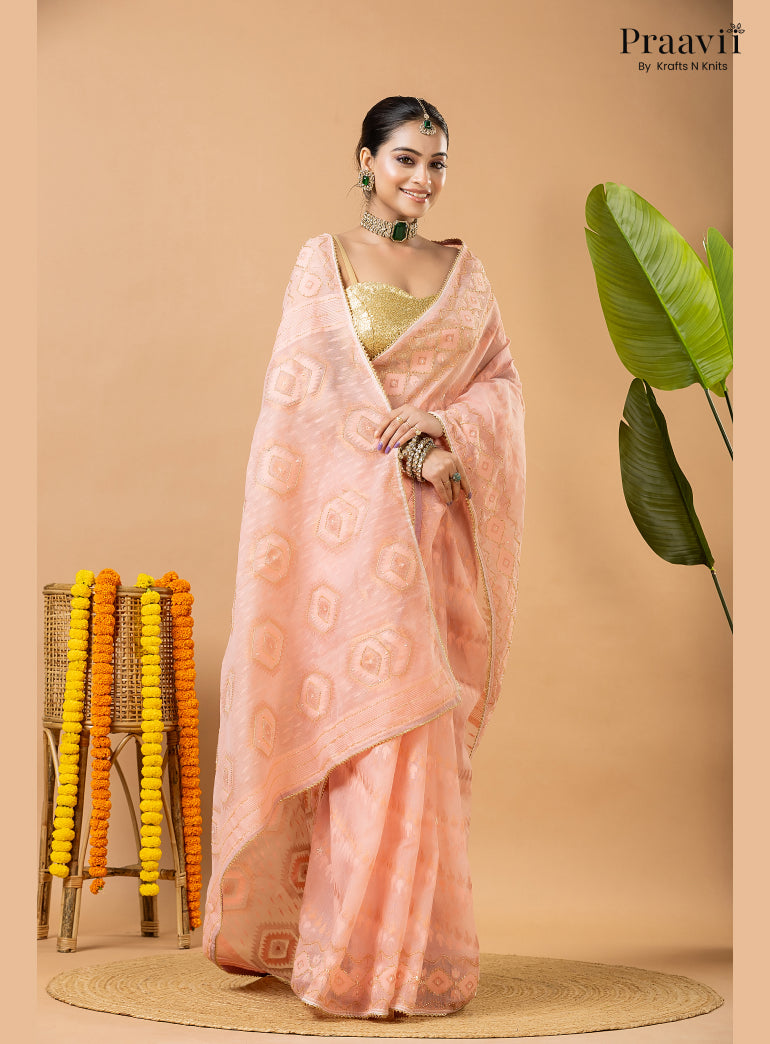 Blushing Peach Dhakai Jamdani Saree with Kardana Work
