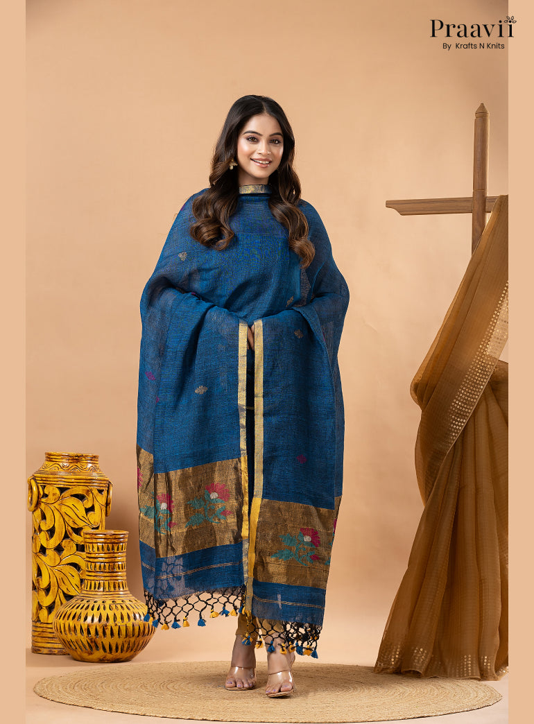 Cobalt Blue Linen Paithani Jamdani 2-Piece Suit Set