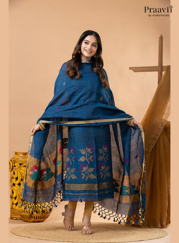 Cobalt Blue Linen Paithani Jamdani 2-Piece Suit Set
