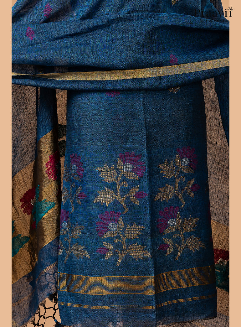Cobalt Blue Linen Paithani Jamdani 2-Piece Suit Set