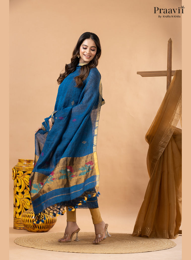Cobalt Blue Linen Paithani Jamdani 2-Piece Suit Set