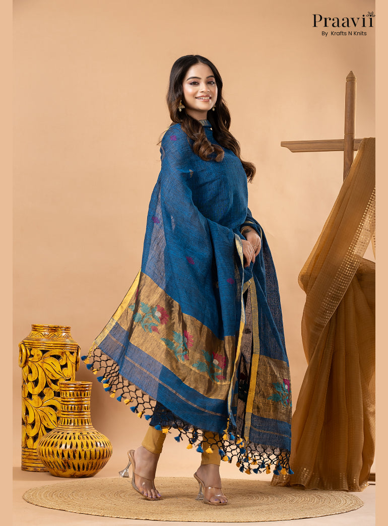 Cobalt Blue Linen Paithani Jamdani 2-Piece Suit Set