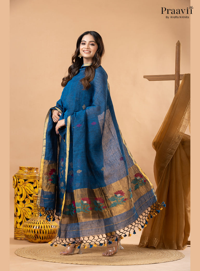 Cobalt Blue Linen Paithani Jamdani 2-Piece Suit Set