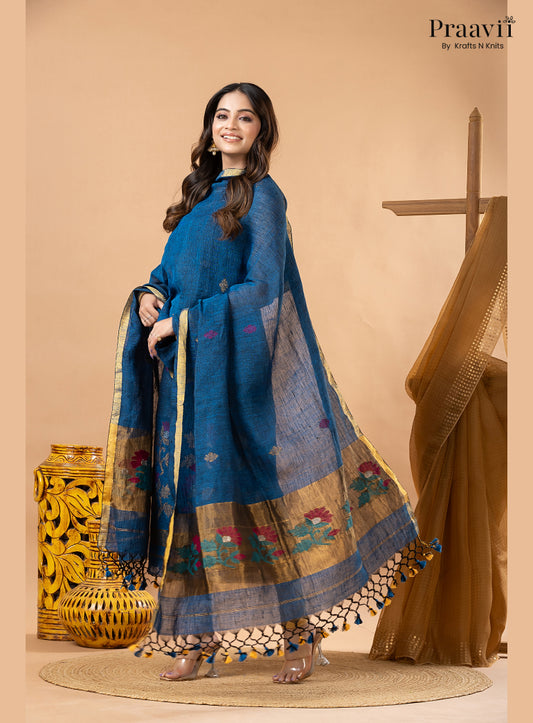 Cobalt Blue Linen Paithani Jamdani 2-Piece Suit Set