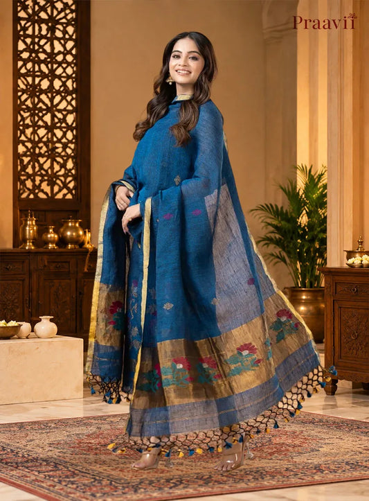 Cobalt Blue Linen Paithani Jamdani 2-Piece Suit Set