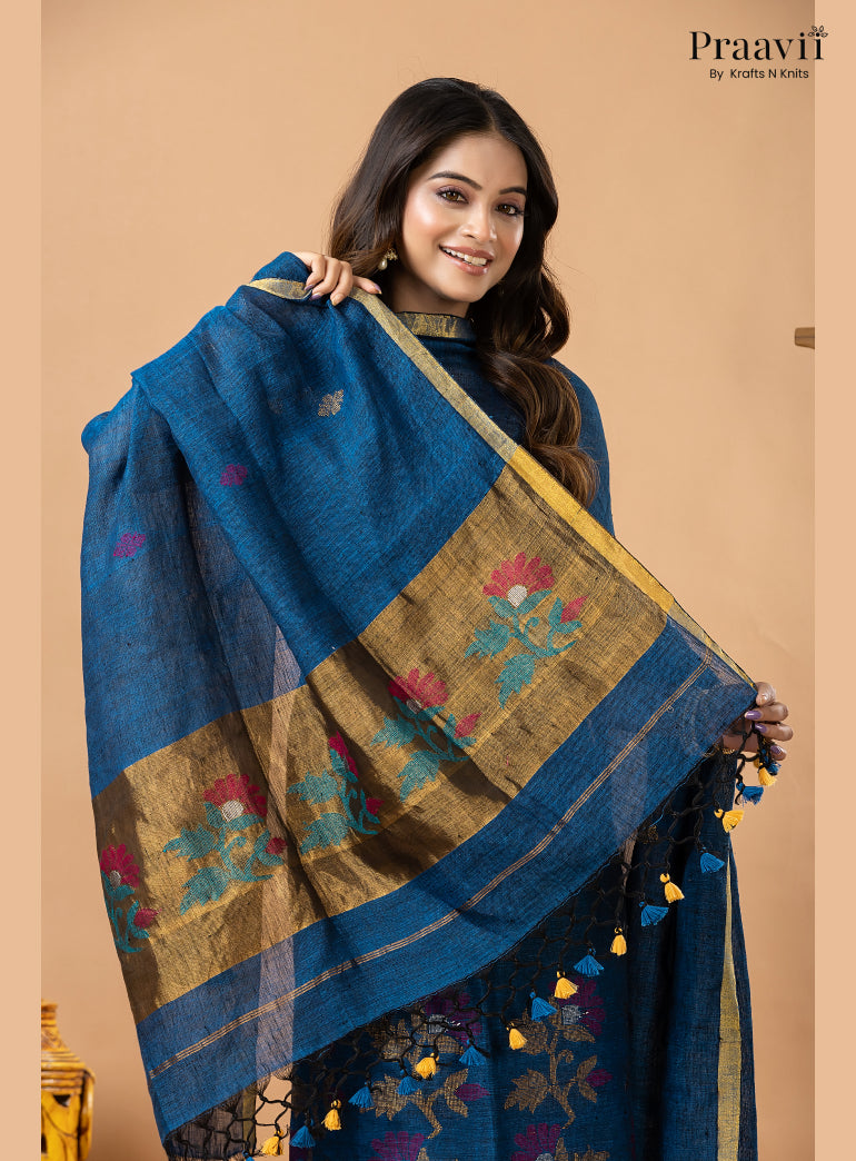 Cobalt Blue Linen Paithani Jamdani 2-Piece Suit Set