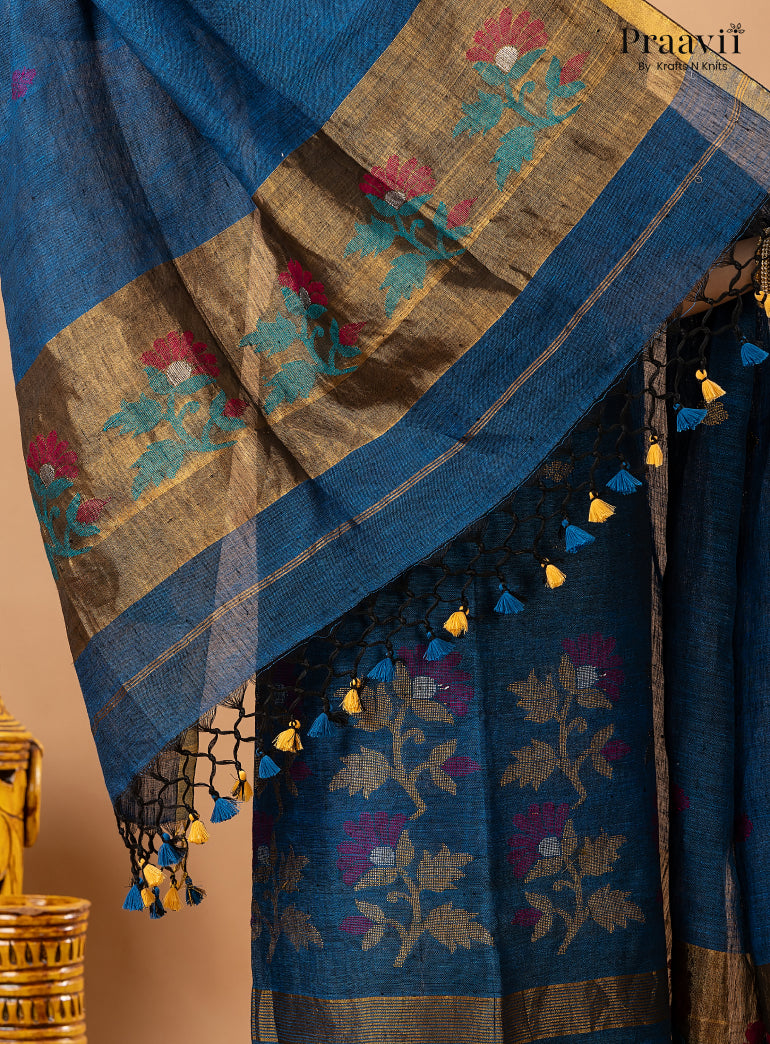 Cobalt Blue Linen Paithani Jamdani 2-Piece Suit Set