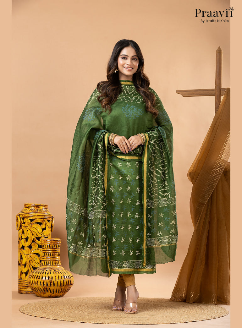 Forest Green Chanderi Silk Handblock Print 2-Piece Suit Set