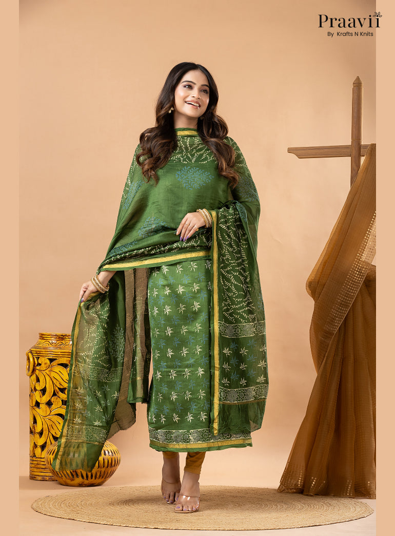 Forest Green Chanderi Silk Handblock Print 2-Piece Suit Set