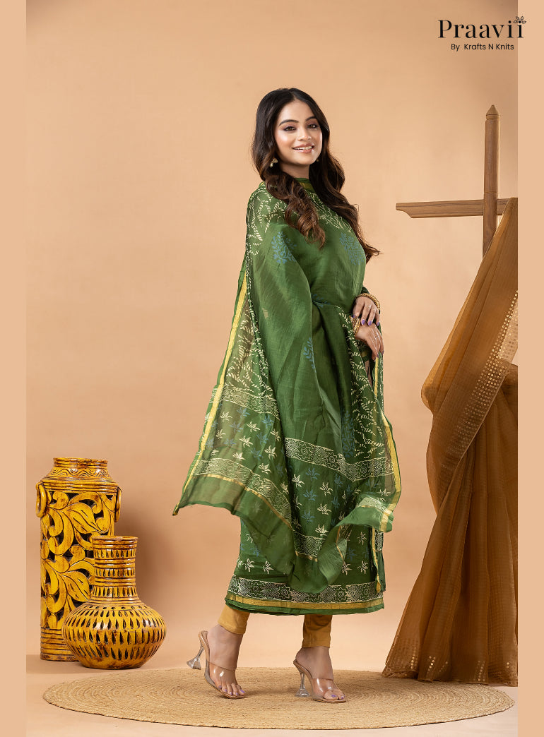 Forest Green Chanderi Silk Handblock Print 2-Piece Suit Set