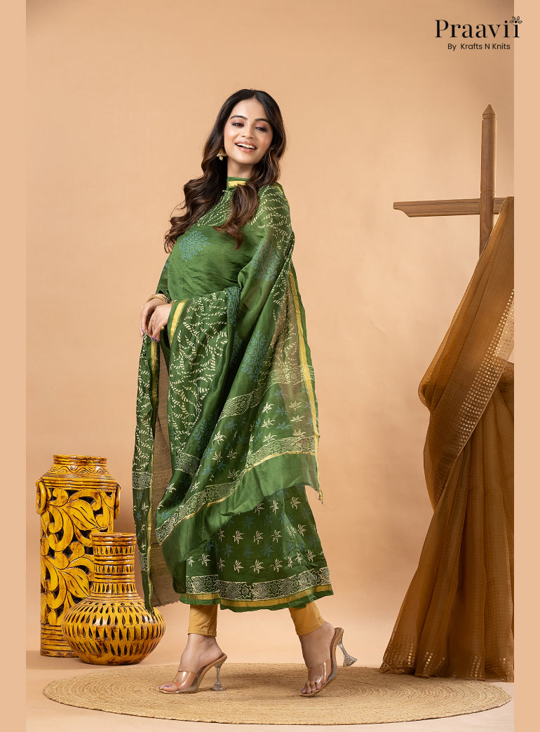 Forest Green Chanderi Silk Handblock Print 2-Piece Suit Set