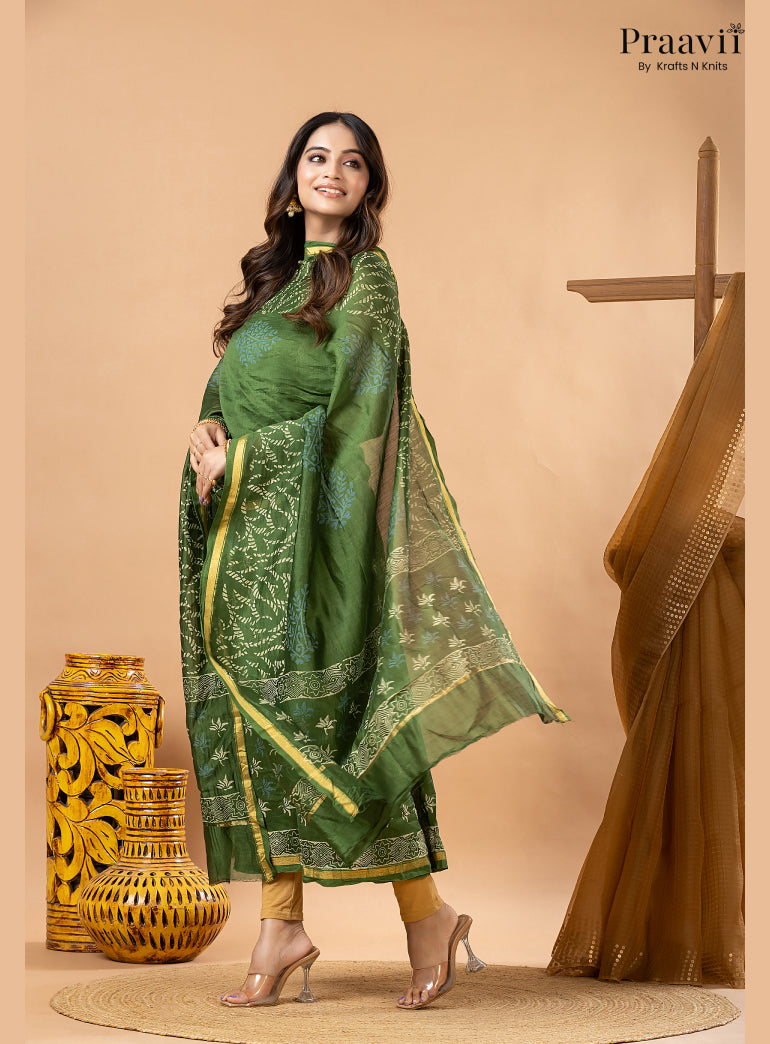 Forest Green Chanderi Silk Handblock Print 2-Piece Suit Set