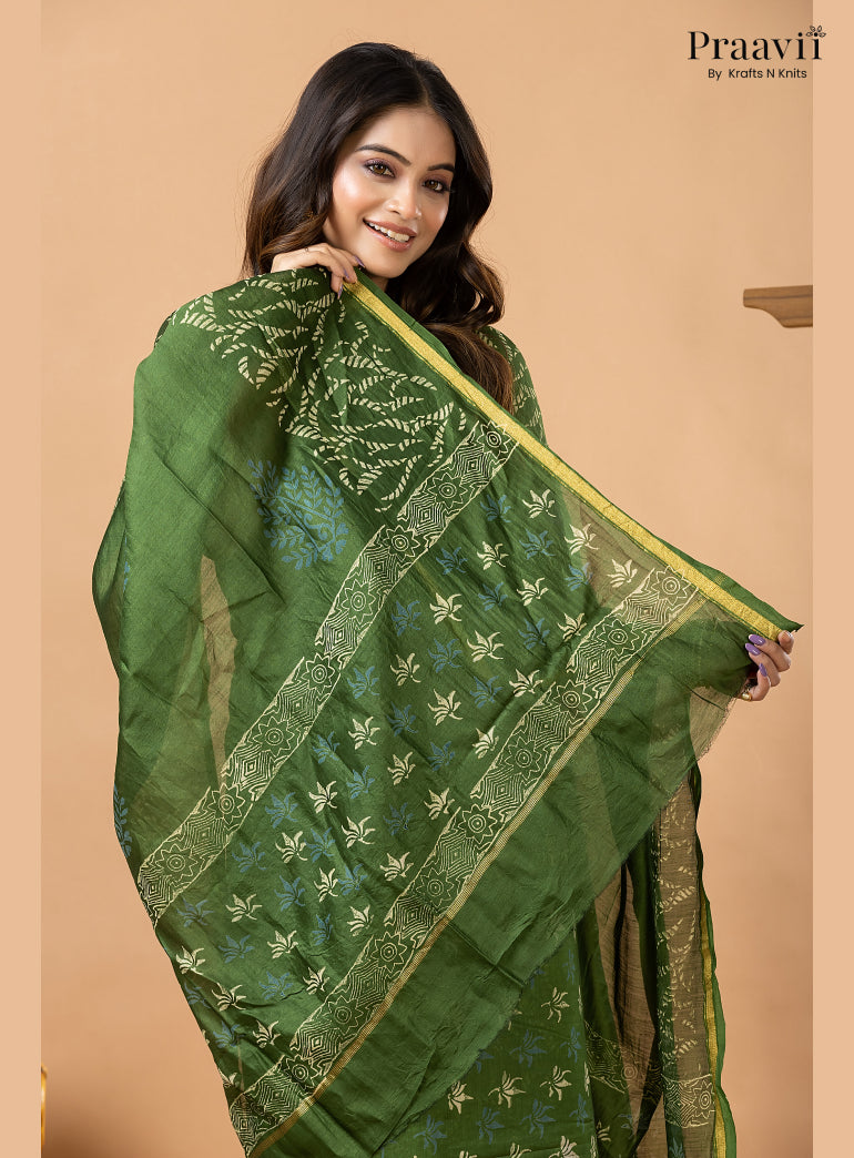 Forest Green Chanderi Silk Handblock Print 2-Piece Suit Set