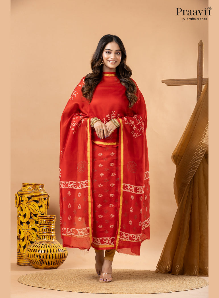 Chilli Red Chanderi Silk Handblock Print 2-Piece Suit Set